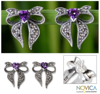 Marcasite and amethyst button earrings, 'Violet Heart' - Heart Shaped Sterling Silver and Amethyst Button Earrings