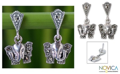 Marcasite dangle earrings, 'Iyara Elephant' - Unique Sterling Silver and Marcasite Dangle Earrings