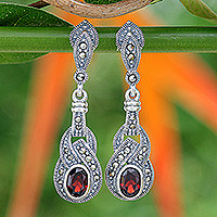 Marcasite and garnet dangle earrings, 'Rose Champagne'