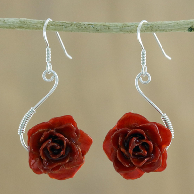 Natural rose flower earrings, 'Scarlet Romance' - Fair Trade Natural Flower Earrings