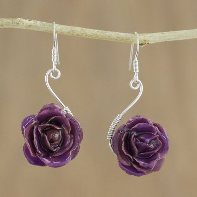 Natural rose flower earrings, 'Violet Romance' - Natural rose flower earrings