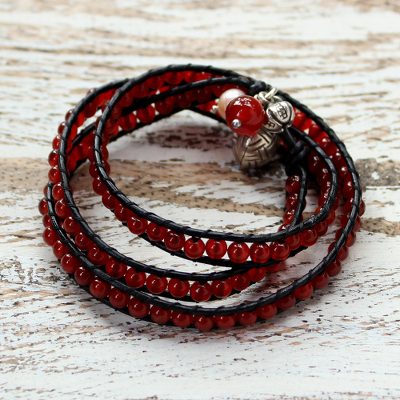 Leather and carnelian wrap bracelet, 'New Tribal' - Leather and Carnelian Beaded Wrap Bracelet