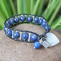 Leather and lapis lazuli heart bracelet, 'Love's Universe' - Handcrafted Leather and Lapis Lazuli Heart Bracelet