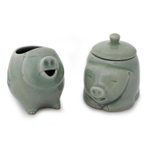 Celadon ceramic sugar bowl and creamer, 'Piggy Cheer' (pair) - Unique Celadon Ceramic Sugar Bowl and Creamer (Pair)