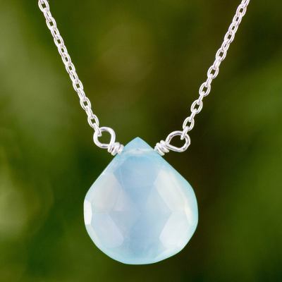 Blue chalcedony pendant necklace, 'Mystical Petal' - Blue Chalcedony Pendant Necklace