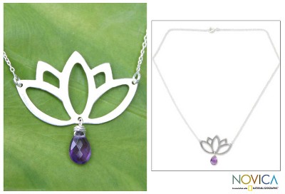 Amethyst flower necklace, 'Buddha Lotus' - Artisan Crafted Silver and Amethyst Pendant Necklace