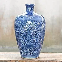 Jarrón de cerámica Celadon, 'Azure Lace' - Jarrón de cerámica Celadon de Tailandia