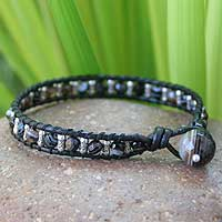 Leather and black agate wristband bracelet - Intrepid | NOVICA