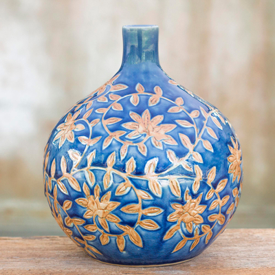 Celadon ceramic vase, 'Golden Jasmine' - Handcrafted Celadon Ceramic Vase from Thailand
