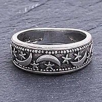 Anillo de banda de plata de ley, 'Moon Magic' - Anillo de banda de plata de ley hecho a mano de Tailandia