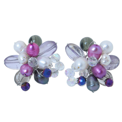 Blumenohrringe mit Perlen und Amethyst - Blumen-Ohrringe mit Knöpfen aus mehreren Edelsteinen