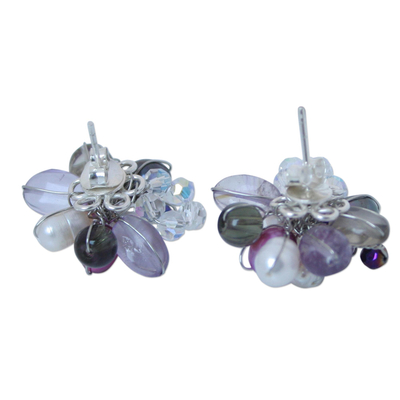 Pendientes de flores de perlas y amatistas - Aretes botón floral multigema