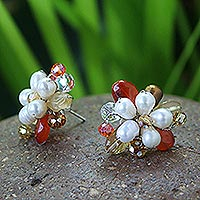 Pearl flower earrings, 'Autumn Blossom' - Thai Carnelian And Pearl Earrings