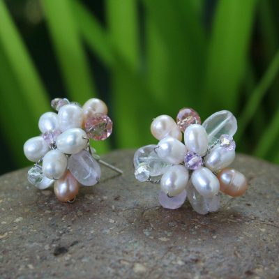 Pearl flower earrings, 'Pink Blossom' - Pearl flower earrings
