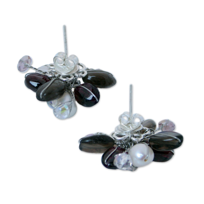 Pearl and garnet flower earrings, 'Night Blossom' - Pearl and garnet flower earrings