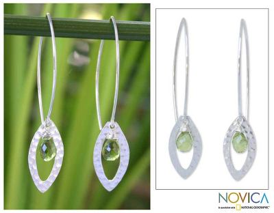 Peridot floral earrings, 'Rose Petal' - Handcrafted Sterling Silver and Peridot Earrings