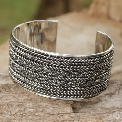 Sterling silver cuff bracelet, 'Wicker Weave' - Hand Crafted Sterling Silver Cuff Bracelet
