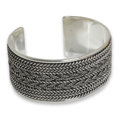 Sterling silver cuff bracelet, 'Wicker Weave' - Hand Crafted Sterling Silver Cuff Bracelet