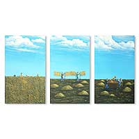 'Harvest of Rice' (triptych) - Landscape Naif Painting (Triptych)