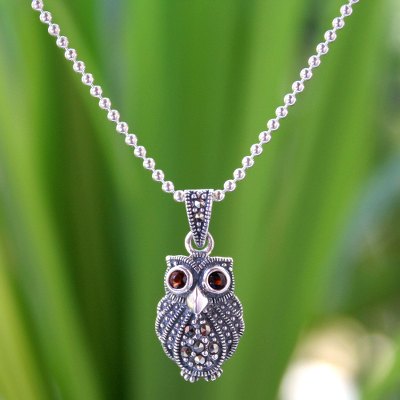 Marcasite and garnet pendant necklace, 'Little Owl' - Thai Sterling Silver and Marcasite Pendant Necklace