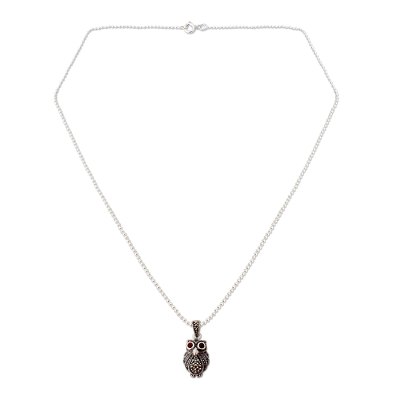 Marcasite and garnet pendant necklace, 'Little Owl' - Thai Sterling Silver and Marcasite Pendant Necklace