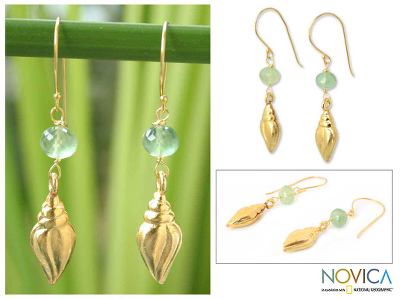 Gold vermeil prasiolite earrings, 'Seashell' - Handmade Gold Vermeil Prasiolite Earrings