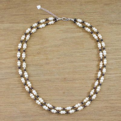 Pearl and garnet strand necklace, 'Romantic Thai' - Pearl and Garnet Strand Necklace
