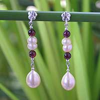 Pearl and garnet dangle earrings, 'Romantic Thai'
