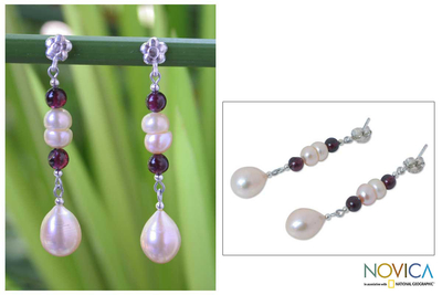 Pearl and garnet dangle earrings, 'Romantic Thai' - Pearl and garnet dangle earrings