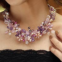 Pearl and amethyst flower necklace, 'Lavender Romance' - Handmade Bridal Rose Quartz and Pearl Necklace