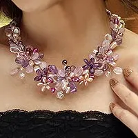 Collar de flores de perlas y amatista, 'Lavender Romance' - Collar de perlas y cuarzo rosa nupcial hecho a mano