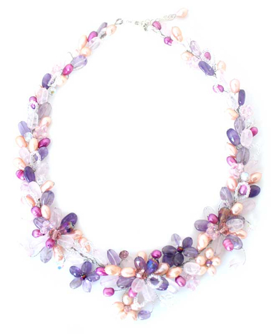 Perlen- und Amethystblumen-Halskette - Handgefertigte Brauthalskette aus Rosenquarz und Perlen