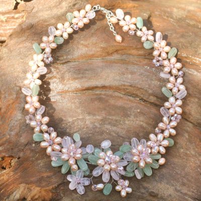Pearl and rose quartz flower necklace, 'Spring Garland' - Handmade Rose Quartz and Pearl Necklace
