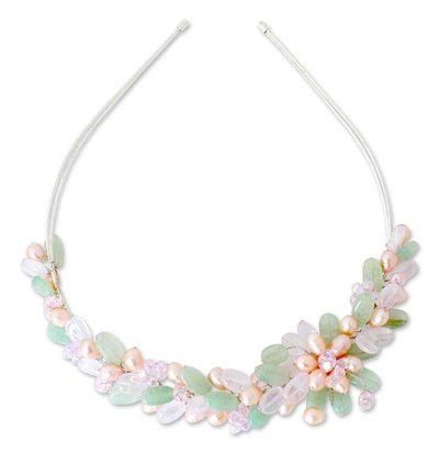 Pearl and rose quartz flower headband, 'Spring Garland' - Pearl and rose quartz flower headband
