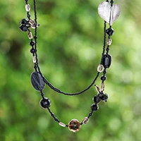 Smoky quartz and onyx heart necklace, 'Love Night' - Smoky quartz and onyx heart necklace