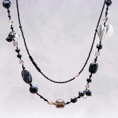Smoky quartz and onyx heart necklace, 'Love Night' - Smoky quartz and onyx heart necklace