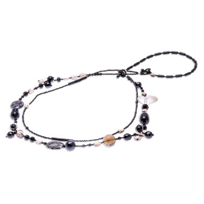 Smoky quartz and onyx heart necklace, 'Love Night' - Smoky quartz and onyx heart necklace