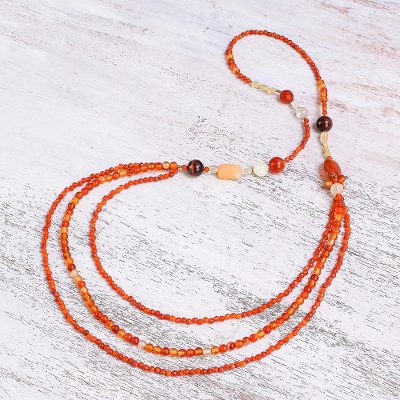Carnelian and citrine long beaded strand necklace, 'On Fire' - Carnelian and citrine strand necklace