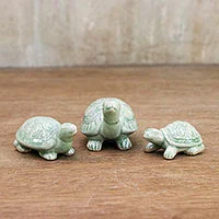 Celadon ceramic statuettes, 'Lucky Turtles' (set of 3)