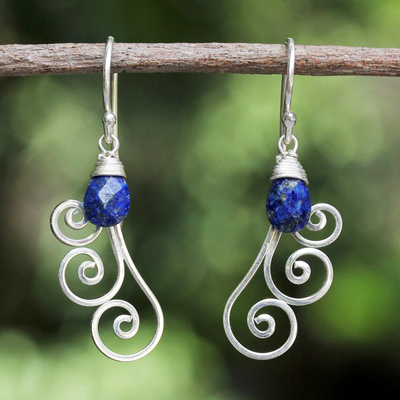 Lapis lazuli dangle earrings, 'Chiang Mai Dew' - Artisan Crafted Sterling Silver and Lapis Lazuli Earrings