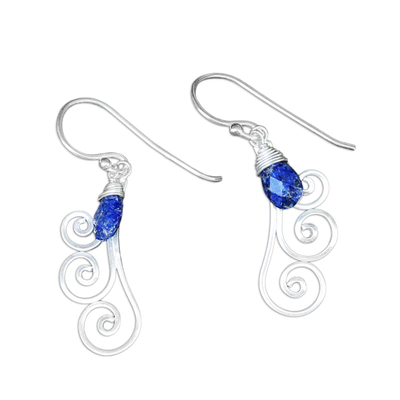 Lapis lazuli dangle earrings, 'Chiang Mai Dew' - Artisan Crafted Sterling Silver and Lapis Lazuli Earrings