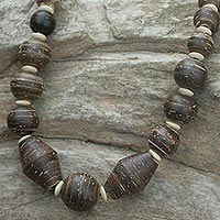 Coconut shell beaded necklace, 'Coco Breeze' - Unique Wood and Coconut Shell Beaded Necklace