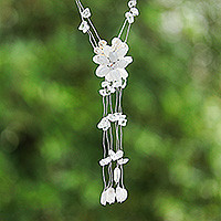 Rainbow moonstone and pearl flower necklace, 'Fantasy'