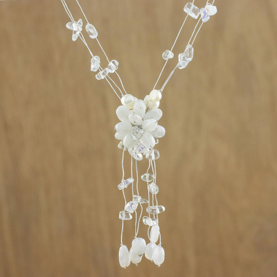 Rainbow moonstone and pearl flower necklace, 'Fantasy' - Rainbow moonstone and Pearl Flower Necklace