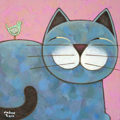 'Wie geht es dir?' - Naifes Acrylgemälde einer blaugrauen Katze aus Thailand