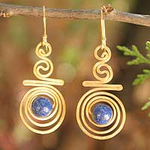 Hand Crafted Lapis Lazuli and 24k Gold Plated Brass Earrings, 'Follow the Dream'