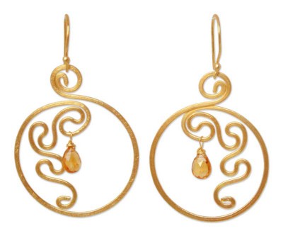 Gold plated citrine dangle earrings, 'Moon Flower' - Modern Gold Plated Citrine Earrings from Thailand
