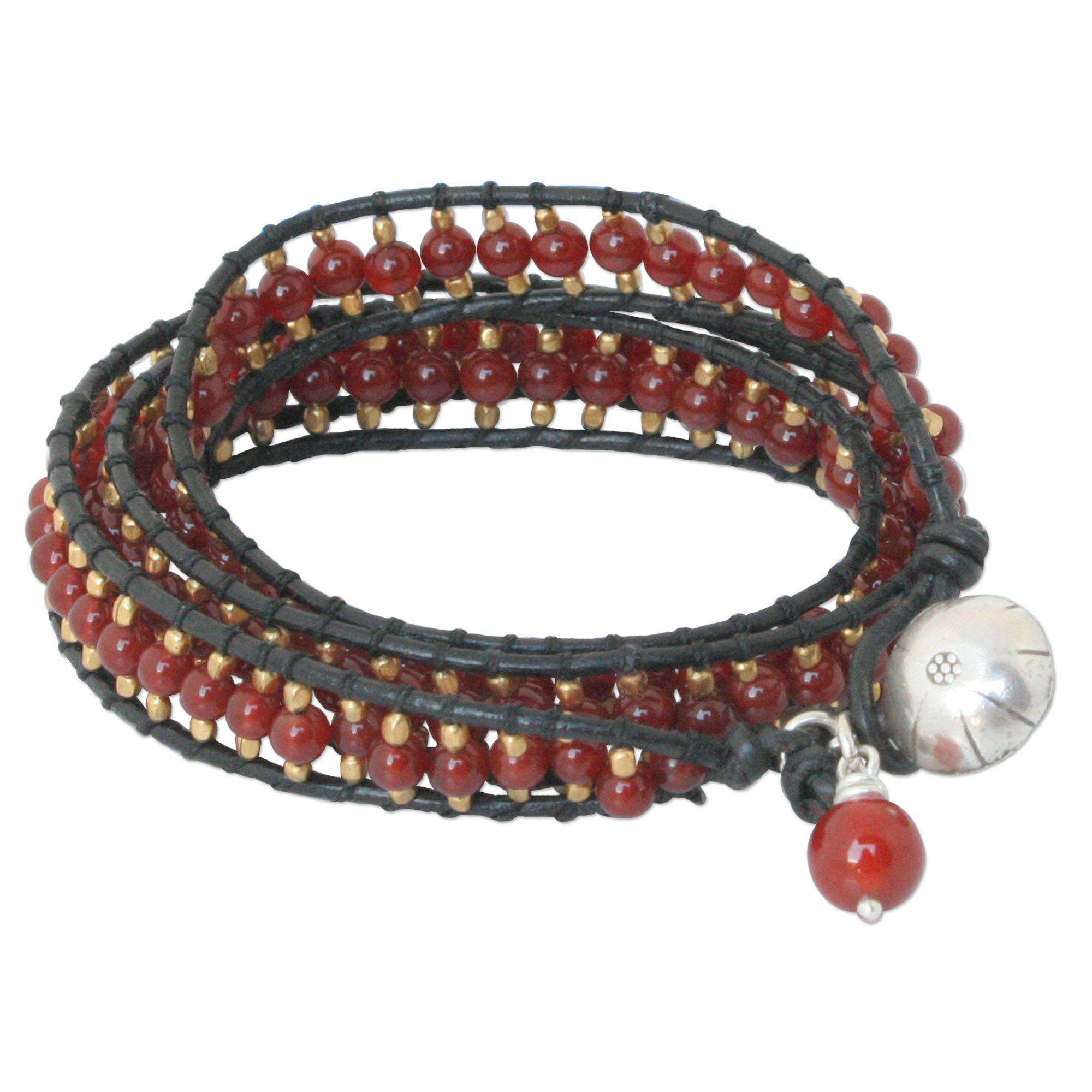 Leather and Carnelian Beaded Bracelet from Thailand - Bright Day | NOVICA