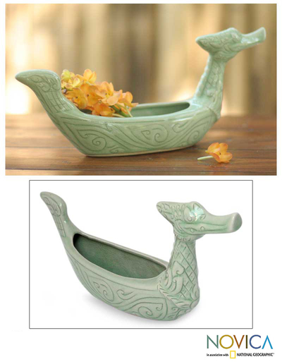 Celadon ceramic vase, 'Thai Swan' - Celadon ceramic vase