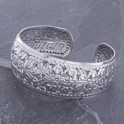 Sterling silver cuff bracelet, 'Precious Garland' - Unique Floral Sterling Silver Cuff Bracelet